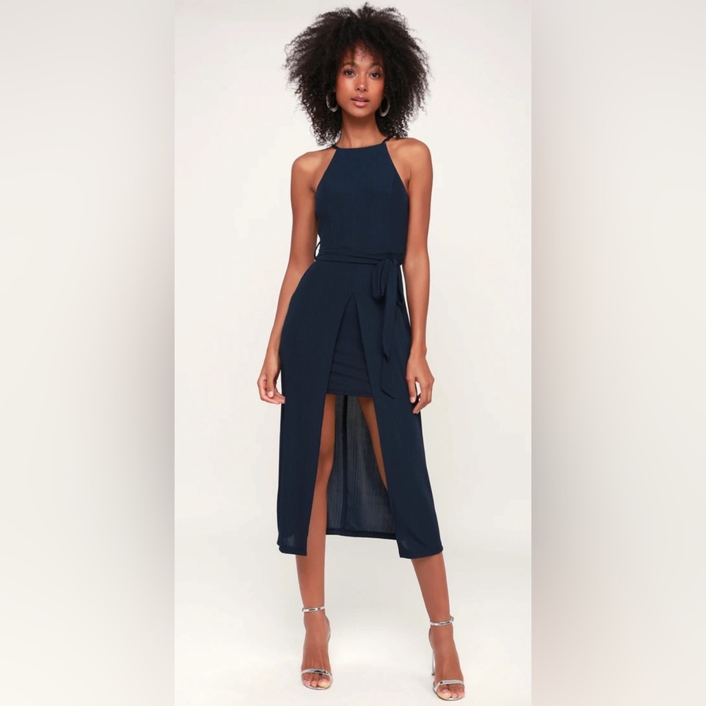 Caroline Navy Blue High-Low Midi Dress
